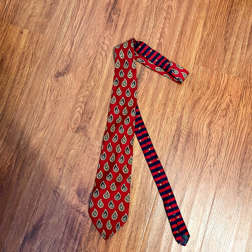 Tommy Hilfiger duo print silk Tie gold & navy paisley & nautical stripe & stars